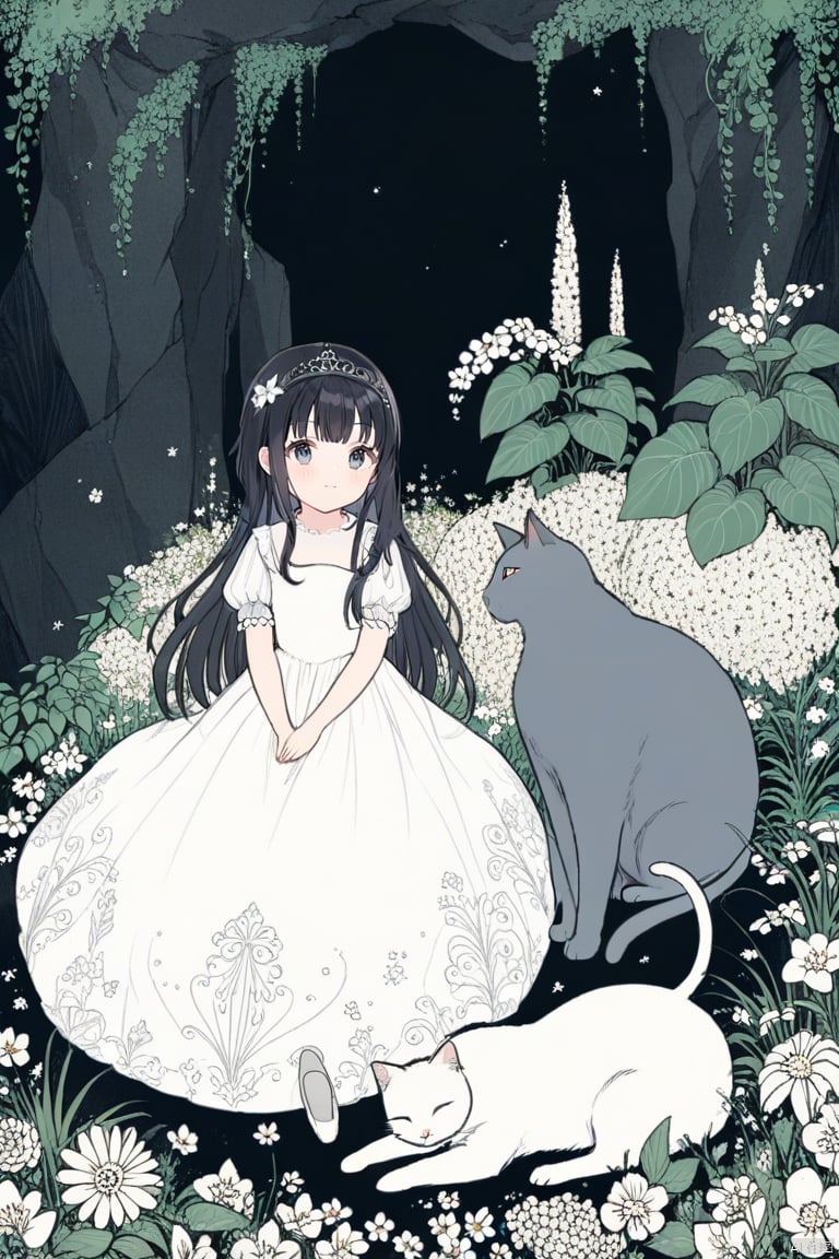  a 7 years old girl,flower,white dress,black hair,long hair,sitting,cat,solo,crown,puffy sleeves,short sleeves,princess,plant,(huge cat 2),megalomania,cavern,