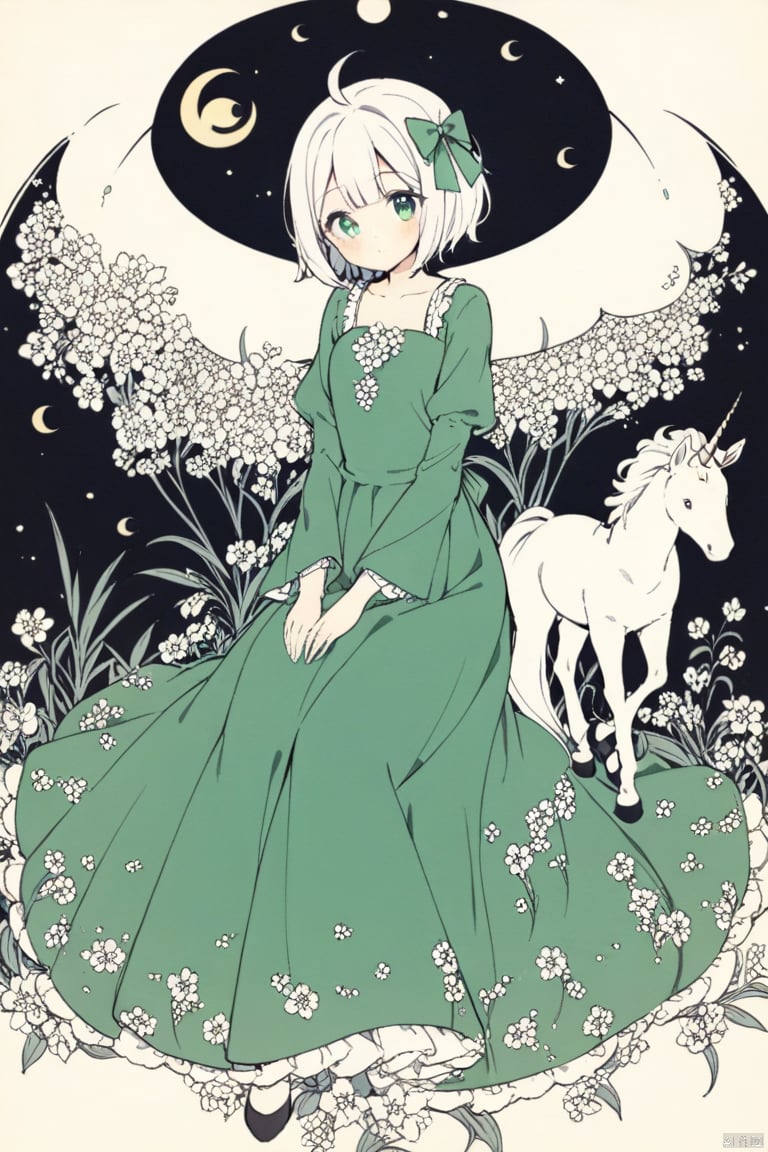  1girl,white hair,solo,short hair,flower,dress,bow,crescent moon,sitting,hair bow,horse,bird,unicorn,konpaku youmu,moon,green dress, comic drawing