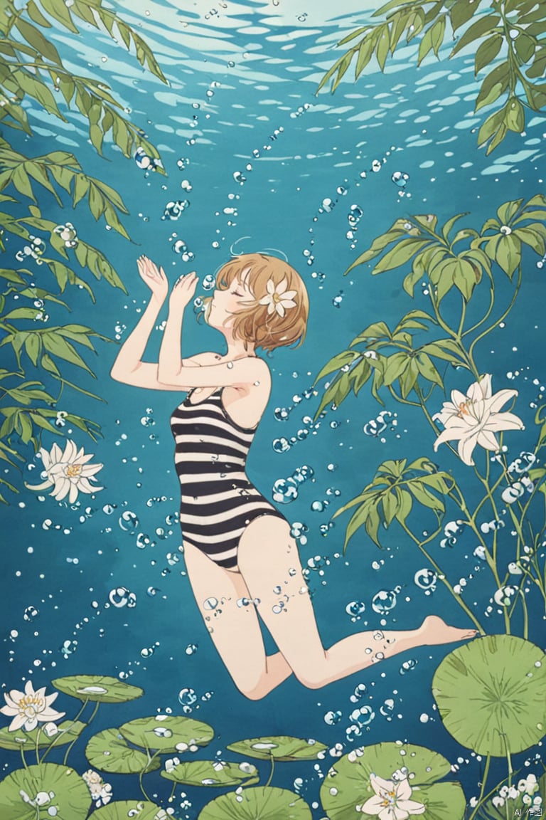  1girl,swimsuit,striped one-piece swimsuit,solo,underwater,barefoot,striped,fish,flower,one-piece swimsuit,covering mouth,short hair,closed eyes,air bubble,lily pad,bubble,plant,jumping,face_focus