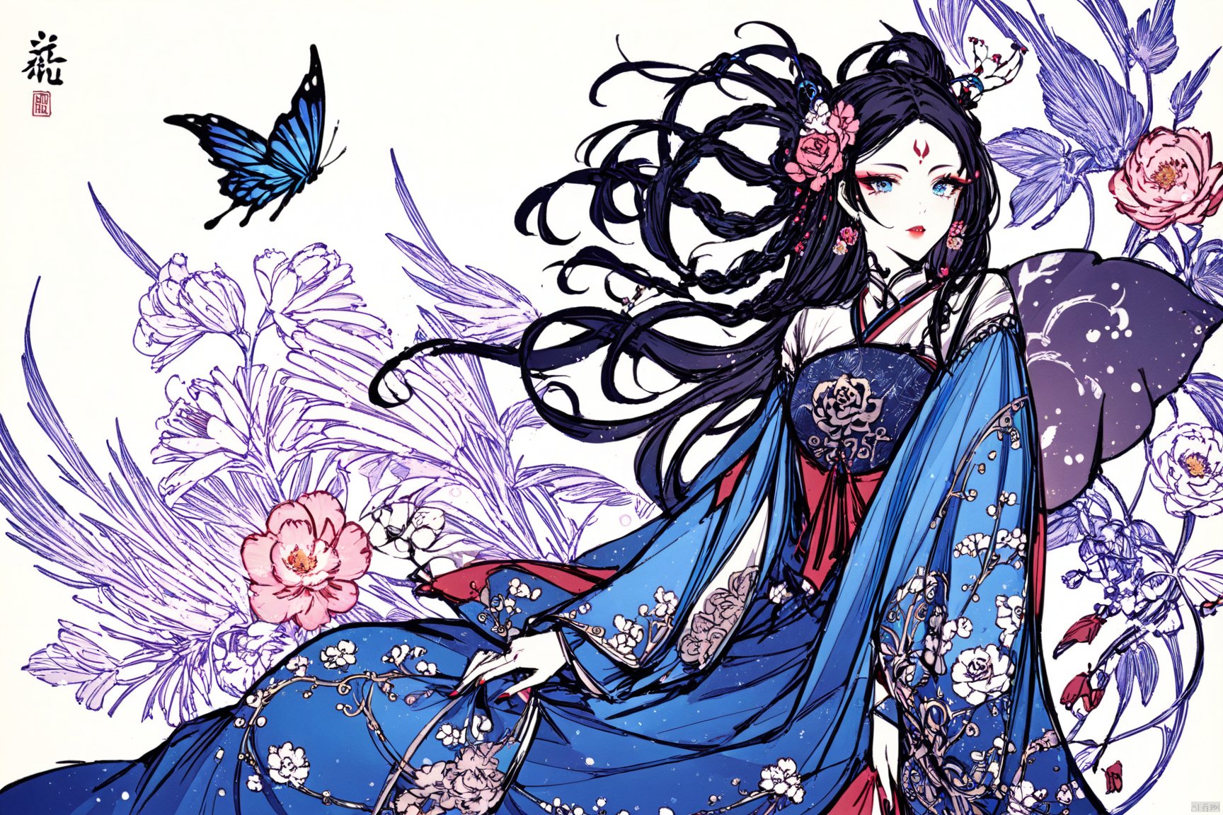  1girl, flower, bug, hair ornament, butterfly, solo, blue eyes, peony (flower), hair flower, black hair, nail polish, jewelry, chinese clothes, red lips, pink flower, forehead mark, earrings, hanfu, makeup, rose, hair rings, lipstick, facial mark, braid, hair stick,in sprint