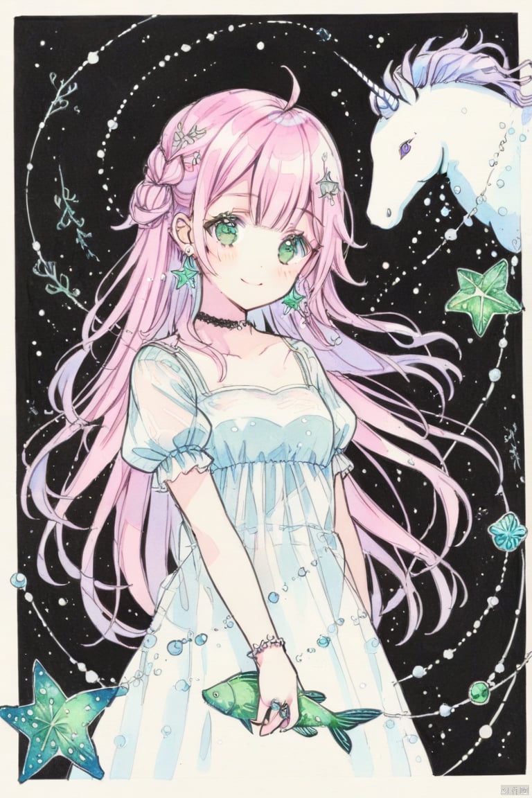 1girl,jewelry,pink hair,green eyes,ring,choker,earrings,solo,long hair,looking at viewer,constellation,star (symbol),holding,smile,traditional media,fish,puffy sleeves,short sleeves,puffy short sleeves,gem,makeup,unicorn,upper body,see-through,food,