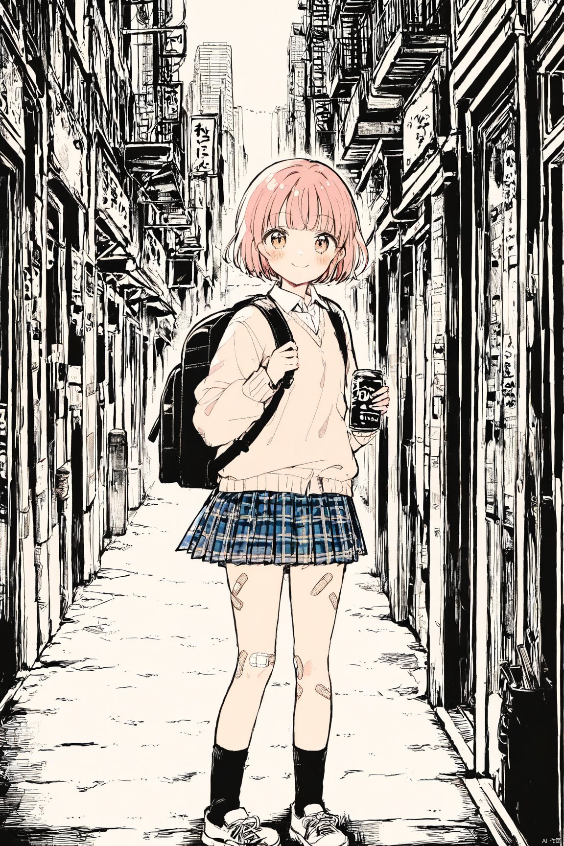  1girl,solo,skirt,plaid skirt,short hair,bag,bandaid on leg,plaid,backpack,bandaid,pleated skirt,jacket,socks,can,long sleeves,collared shirt,holding can,bandaid on knee,bangs,looking at viewer,shirt,smile,blush,standing,street