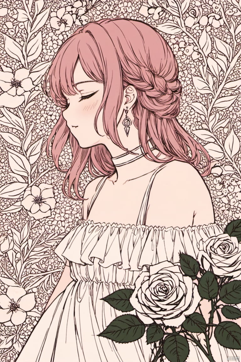  (masterpiece, best quality),rose background,profile,close shot,himenoa,:3,white choker,closed eyes,flower,white dress,bare_shoulders,collarbone,earrings,jewelry,(flower, rose:1.5),hair behind ear,facing_away,