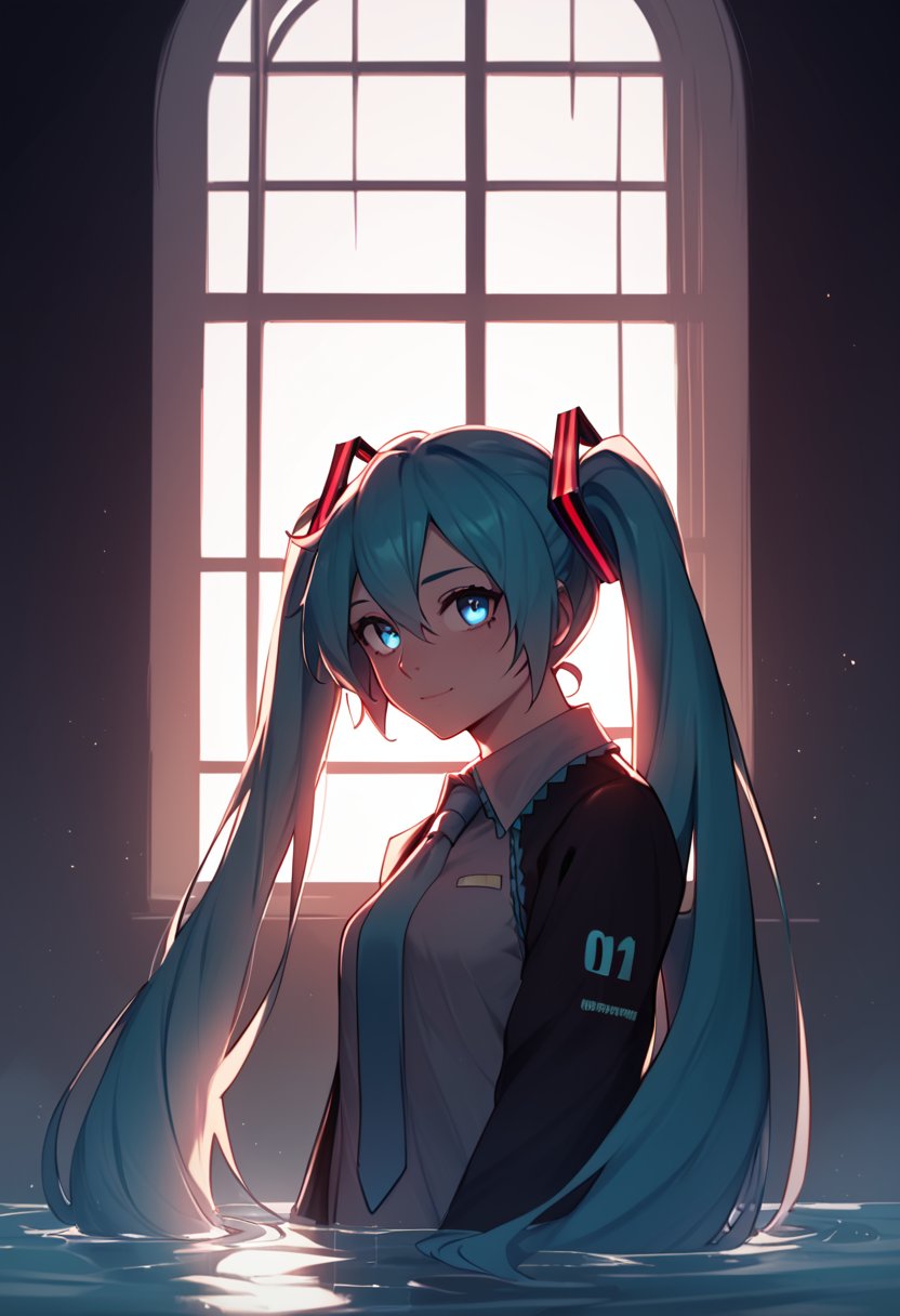 score_9_up, score_8_up, score_7_up, score_6_up, 1girl, Hatsune Miku, cute face, 43stl1ght1ng, low light, dramatic lighting, darkness, window lighting, eye lighting, water, black background,