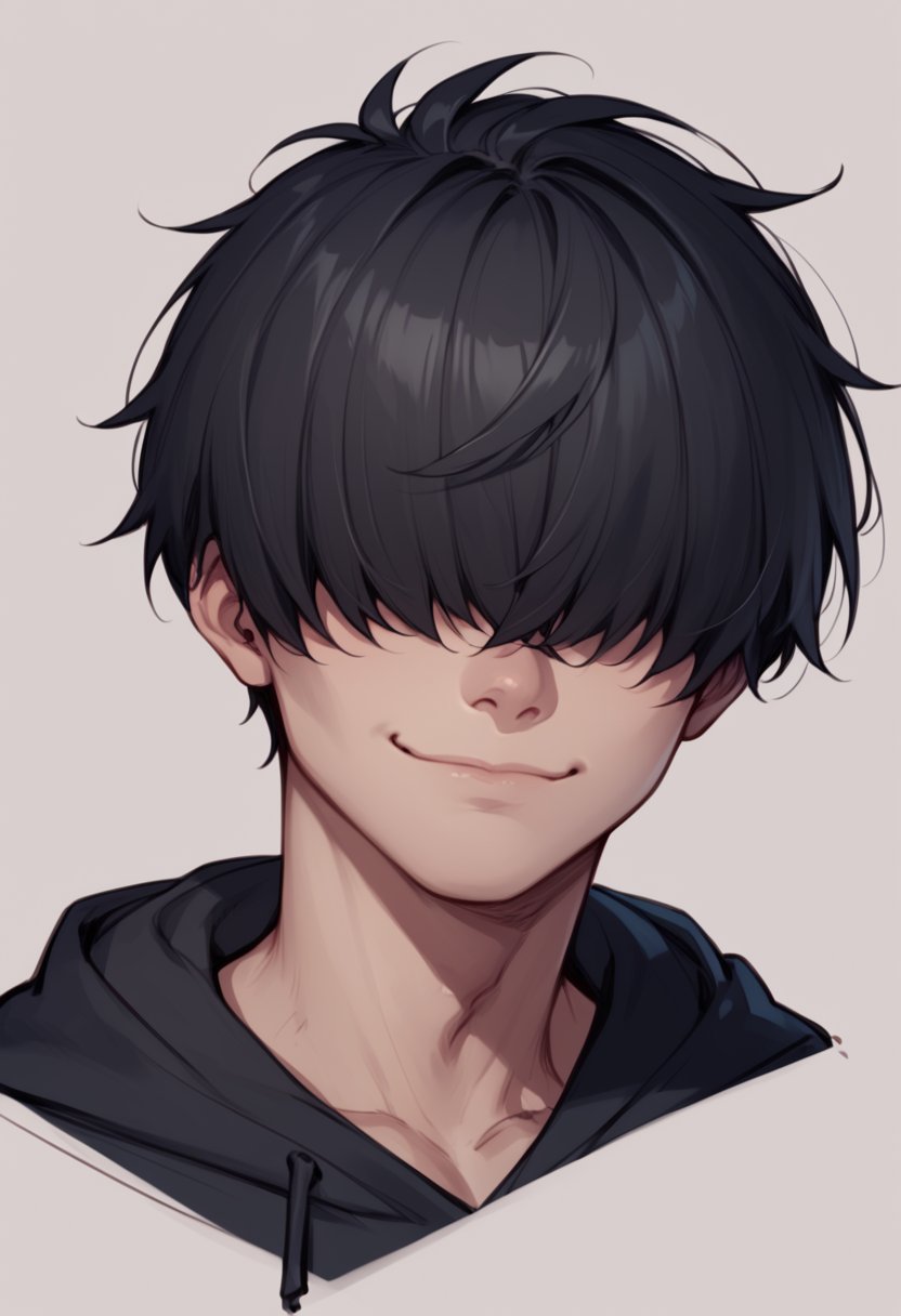 score_9_up, score_8_up, score_7_up, score_6_up, rough pencil sketch, 1boy, bust, short hair, black hair, hair over eyes, closed mouth, cute smile, solo, black hoodie, minimalistic