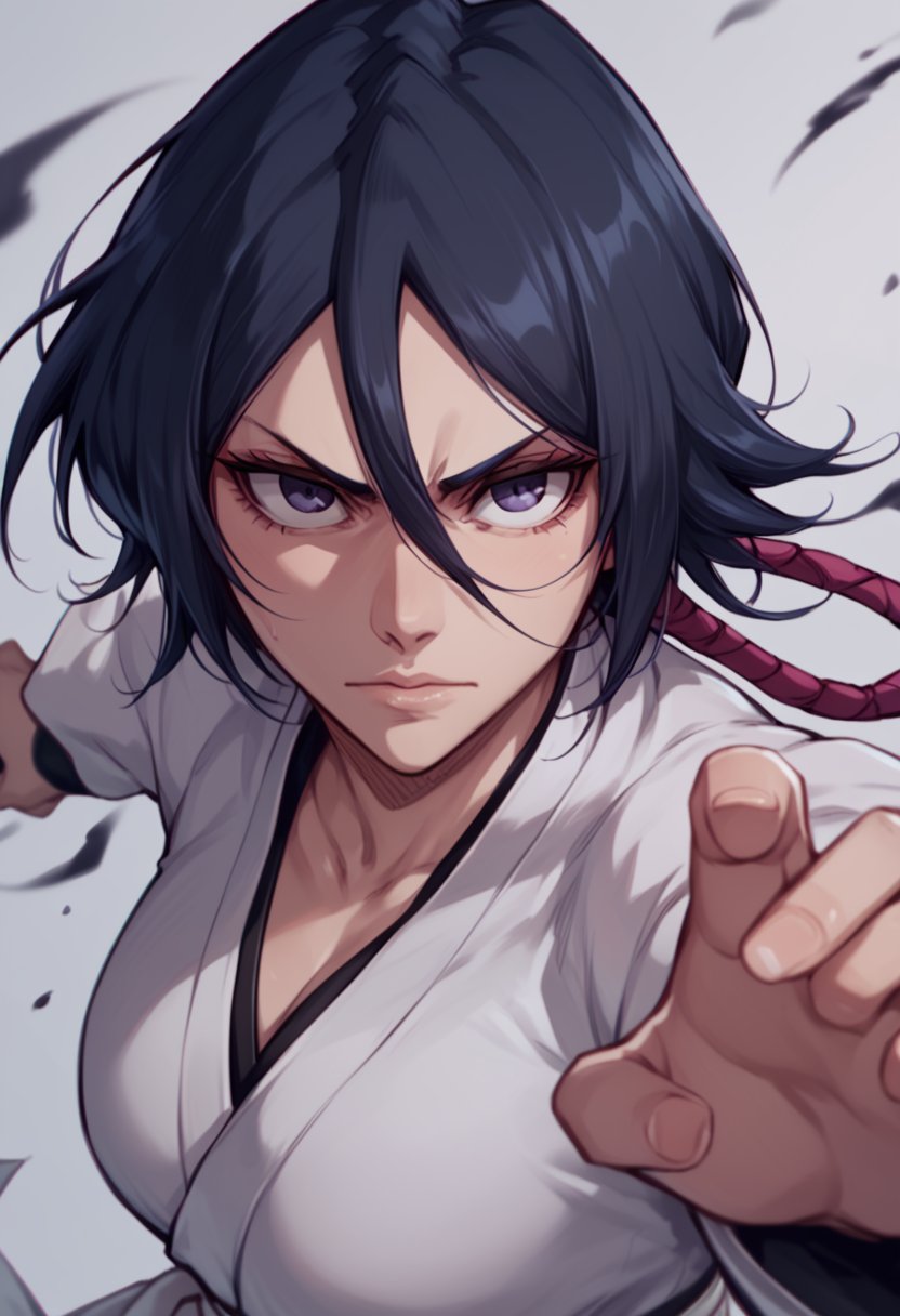 score_9_up, score_8_up, score_7_up, score_6_up, action_pose, kuchiki_rukia, bleach, 1girl, black_hair, purple_eyes