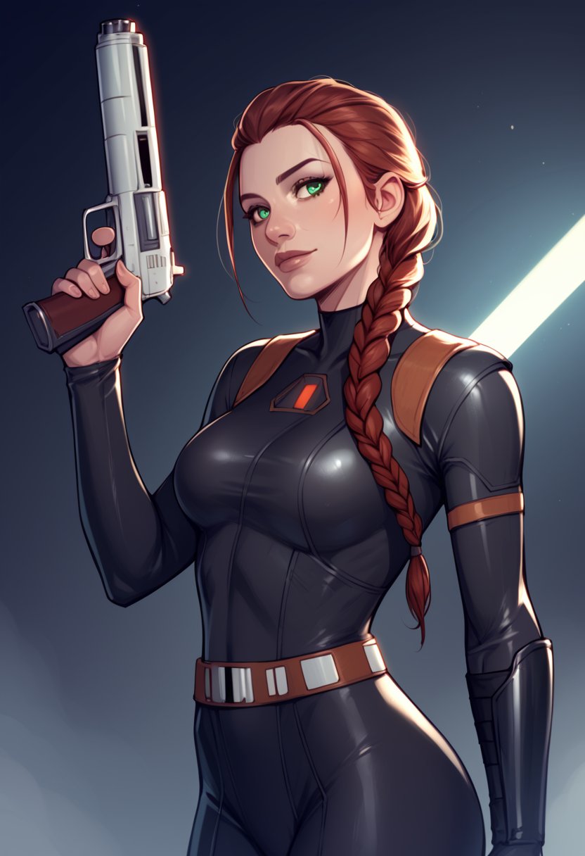 score_9_up, score_8_up, score_7_up, score_6_up, star wars, 1girl, (solo:1.2), mara jade, green eyes, auburn hair, braided hair, BREAK (tight bodysuit, black bodysuit:1.2), holding a blaster pistol, (dark background, dramatic lighting),