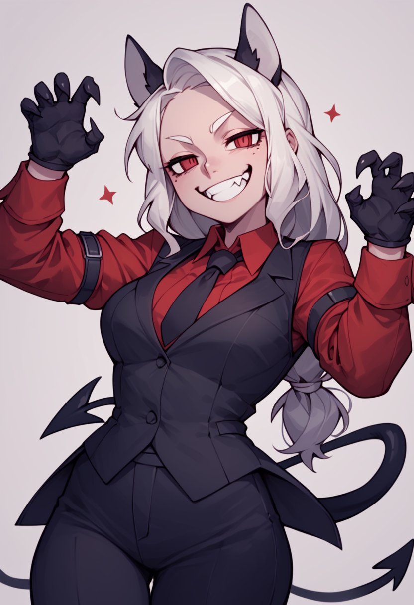 score_9_up, score_8_up, score_7_up, score_6_up, helltaker, low-tied long hair, animal ears, demon tail,red shirt, black necktie, long sleeves, arm garter, black gloves, black vest, waistcoat, black pants,smug,grin,cute fangs,claw pose