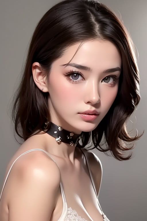 1girl
solo
brown hair
closed mouth
grey background
collar
lips
realistic ,beauty,yui,masterpiece,best quality,1 girl,lisa ,tiffany 