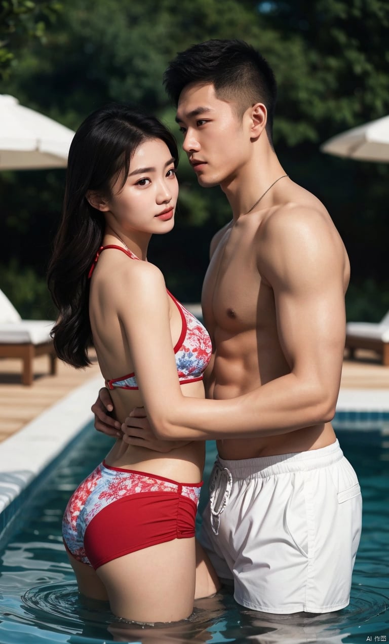  1boy and 1girl,Asian,handsome,pretty,affectionate, charming,bikini swimming wear,outdoors,Volumetric lighting,blurry,(masterpiece, realistic, best quality, highly detailed,Ultra High Resolution),jzns,plns,pjcouple, zjh,yujie