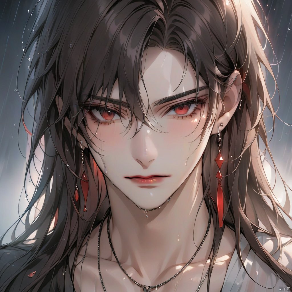 solo, long hair, looking at viewer, brown hair, black hair, red eyes, 1boy, jewelry, closed mouth, upper body, male focus, earrings, necklace, lips, wet, portrait, rain