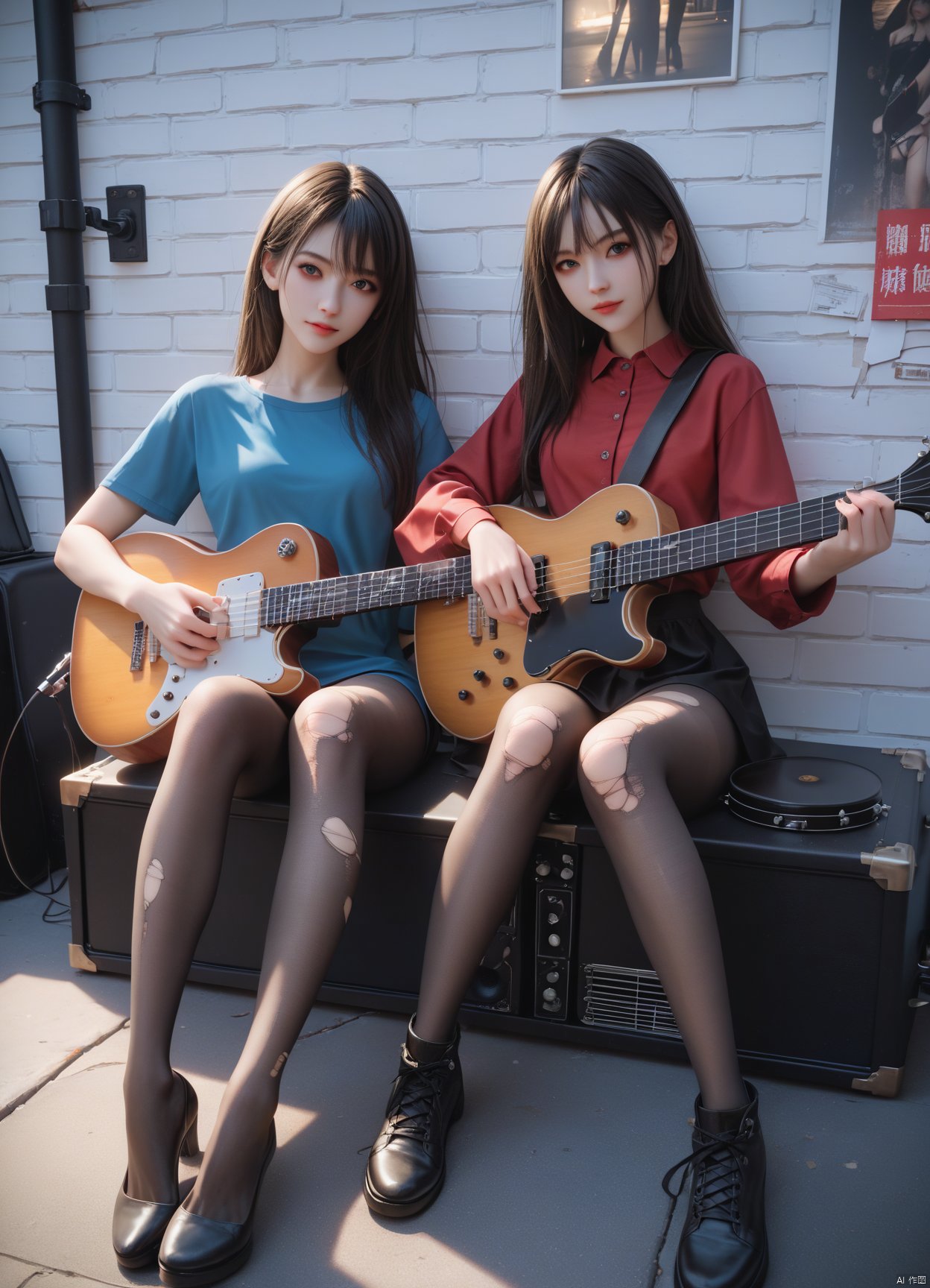 2 girls,chinese girls,sitting,looking at viewer,acoustic_guitar,playing_guitar,playing instrument,black_long_hair,wearing torn pantyhose,street_background,BREAK score_9,score_8_up,4k,uncensored,prefect lighting,rating_explicit,very aesthetic,ultra-detailed,photo,