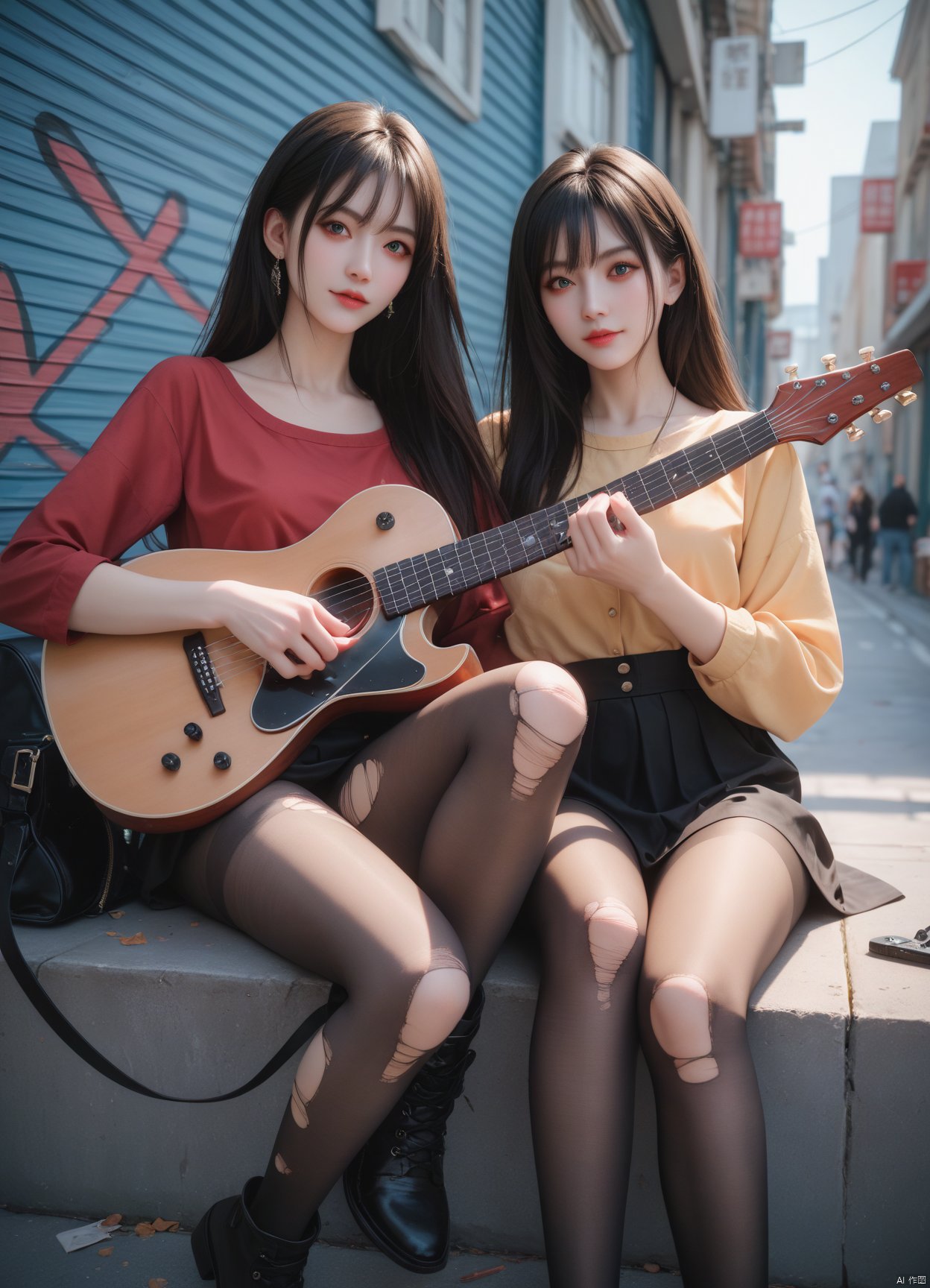 score_9,score_8_up,score_7_up,2 girls,chinese girls,sitting,looking at viewer,acoustic_guitar,playing_guitar,playing instrument,black_long_hair,wearing torn pantyhose,street_background,BREAK score_9,score_8_up,4k,uncensored,prefect lighting,rating_explicit,very aesthetic,ultra-detailed,photo,