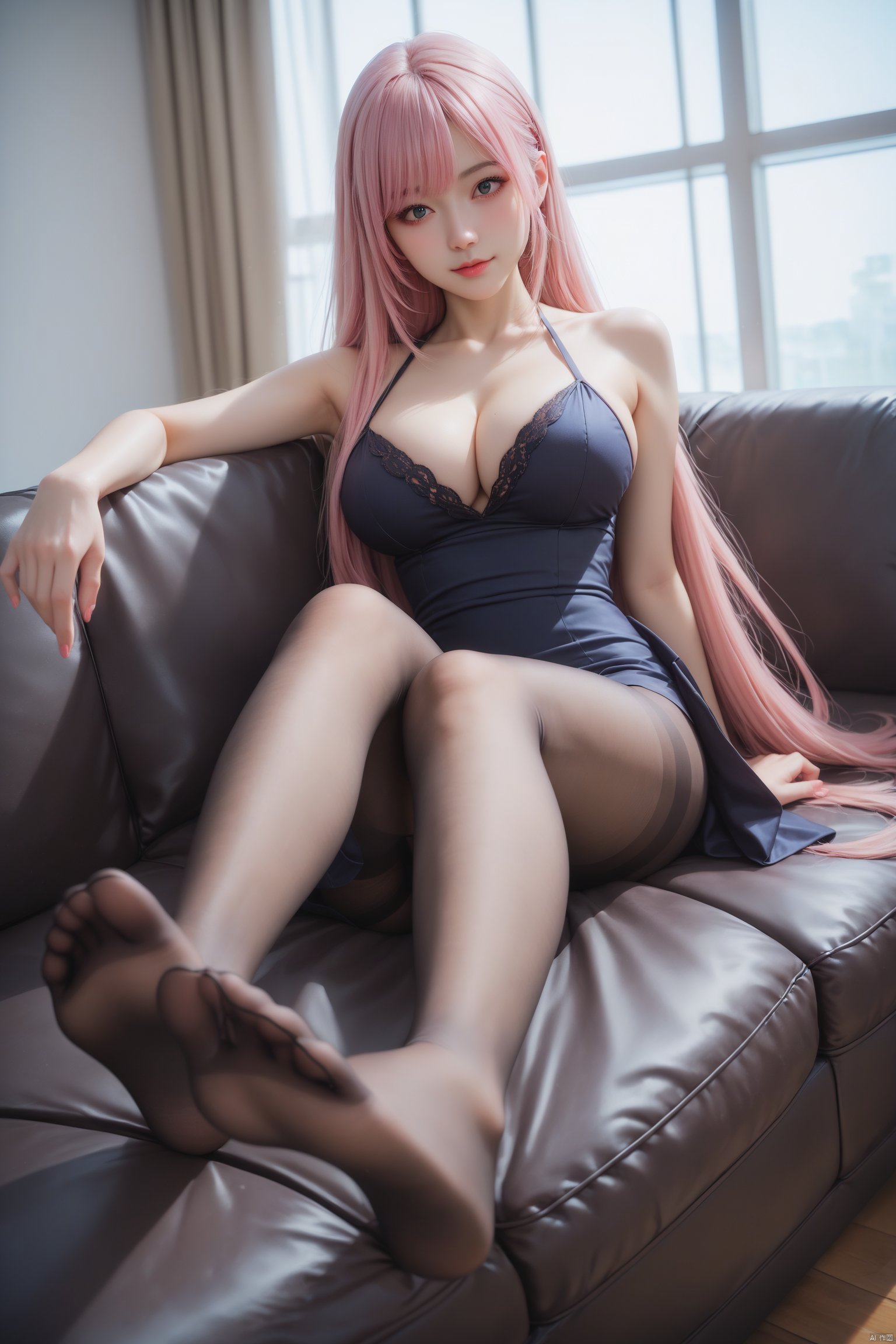 score_9,score_8_up,score_7_up,highly detailed,high budget,masterpiece,best quality,perfect anatomy,very aesthetic,8k,
1girl,sit on the sofa,feet_up,soles of feet,brown perfect pantyhose,sexy dress,shoulders,cleavage,large breasts,very long hair,pink hair,irregular bangs,