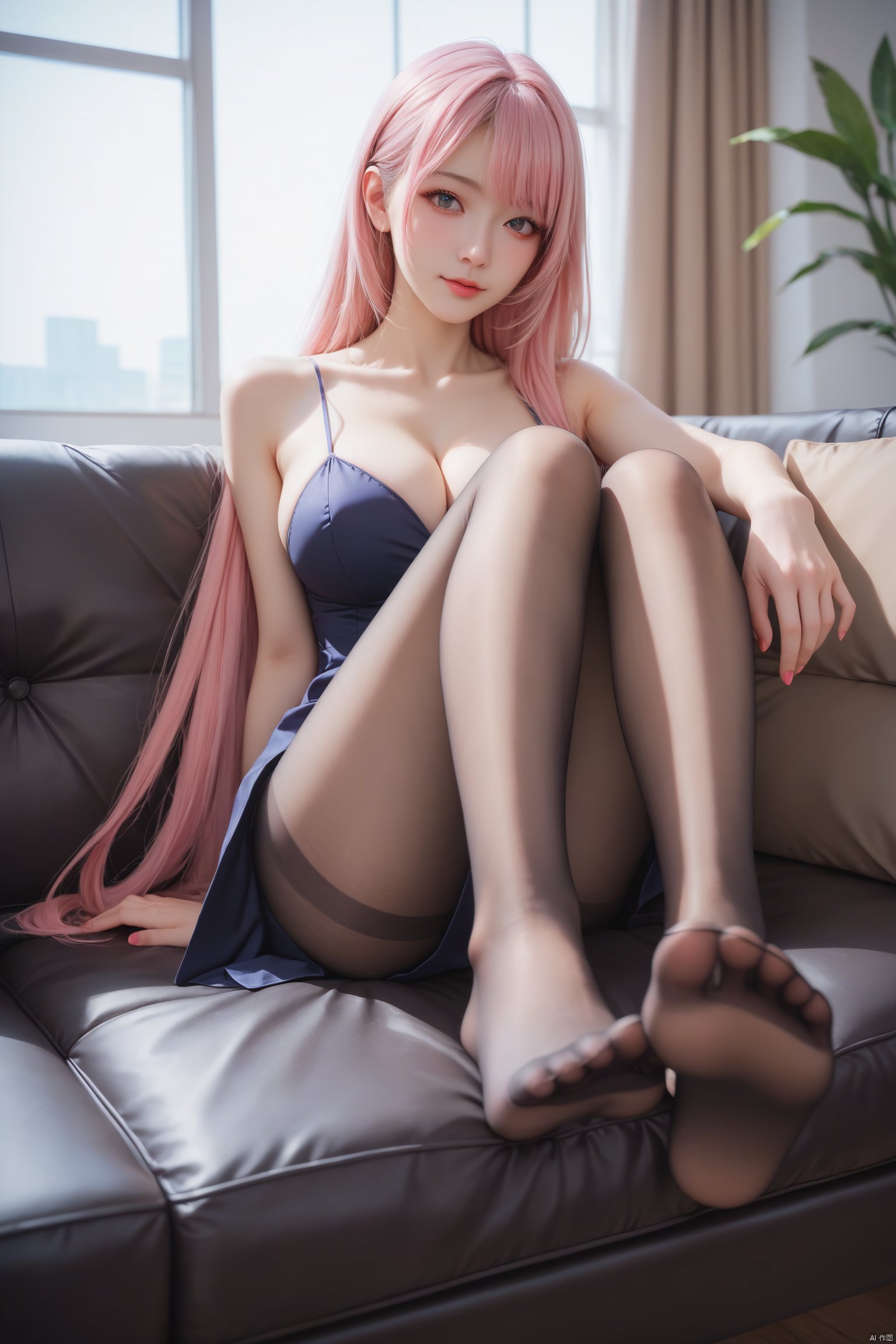 score_9,score_8_up,score_7_up,highly detailed,high budget,masterpiece,best quality,perfect anatomy,very aesthetic,8k,
1girl,sit on the sofa,feet_up,soles of feet,brown perfect pantyhose,sexy dress,shoulders,cleavage,large breasts,very long hair,pink hair,irregular bangs,