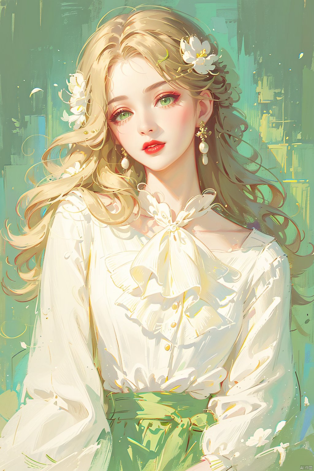  1girl, solo, long hair, skirt, blonde hair, shirt, hair ornament, long sleeves, jewelry, green eyes, white shirt, upper body, flower, earrings, parted lips, indoors, hair flower, lips, head tilt, looking to the side, makeup, looking away, white flower, lipstick, blouse, green skirt, red lips,meiren