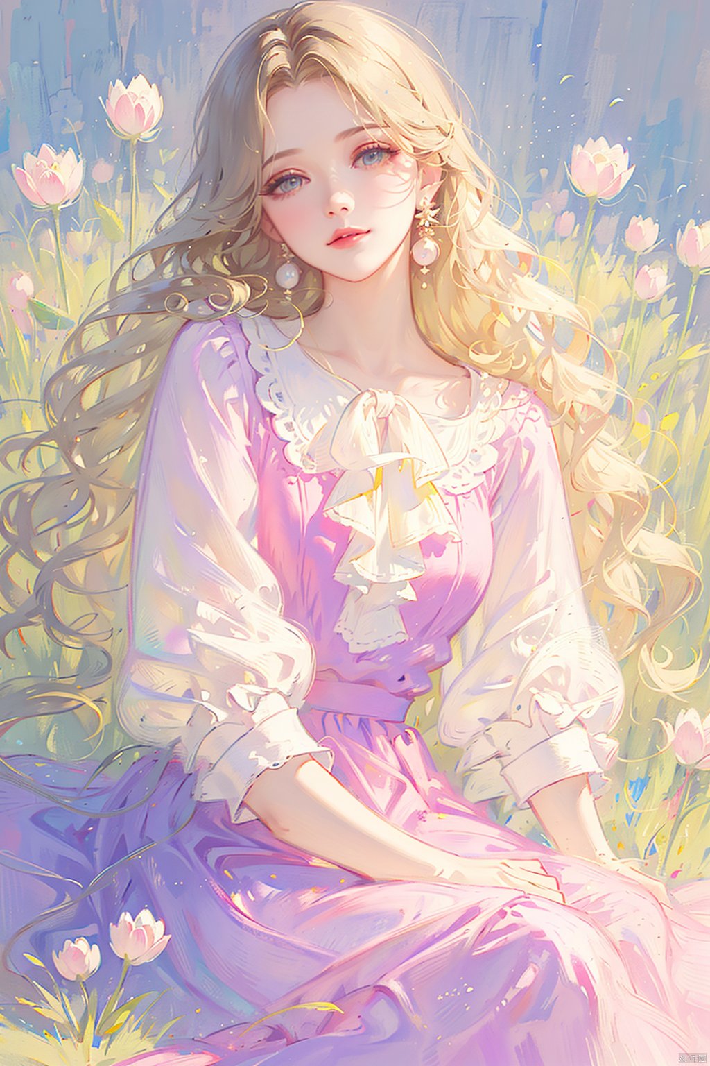 1girl, solo, long hair, looking at viewer, blue eyes, skirt, blonde hair, shirt, long sleeves, jewelry, sitting, closed mouth, white shirt, flower, earrings, puffy sleeves, lips, blue skirt, head tilt, grey eyes, wavy hair, blouse, pink flower, purple skirt, long skirt,meiren