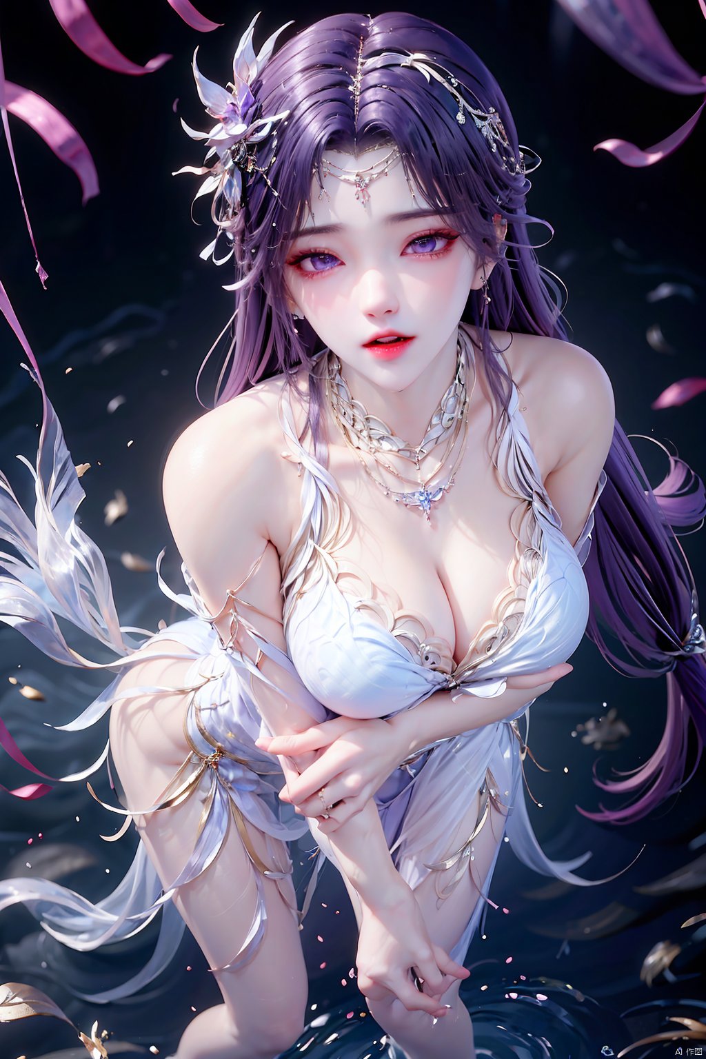 1girl,solo,long hair,breasts,looking at viewer,hair ornament,dress,cleavage,bare shoulders,jewelry,purple eyes,purple hair,barefoot,water,necklace,white dress,bare legs,ripples,, yunxi