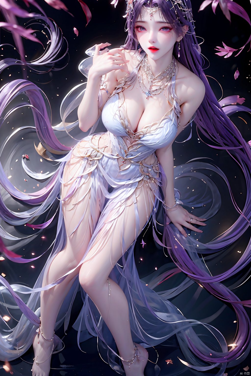 1girl,solo,long hair,breasts,looking at viewer,hair ornament,dress,cleavage,bare shoulders,jewelry,purple eyes,purple hair,barefoot,water,necklace,white dress,bare legs,ripples,, yunxi