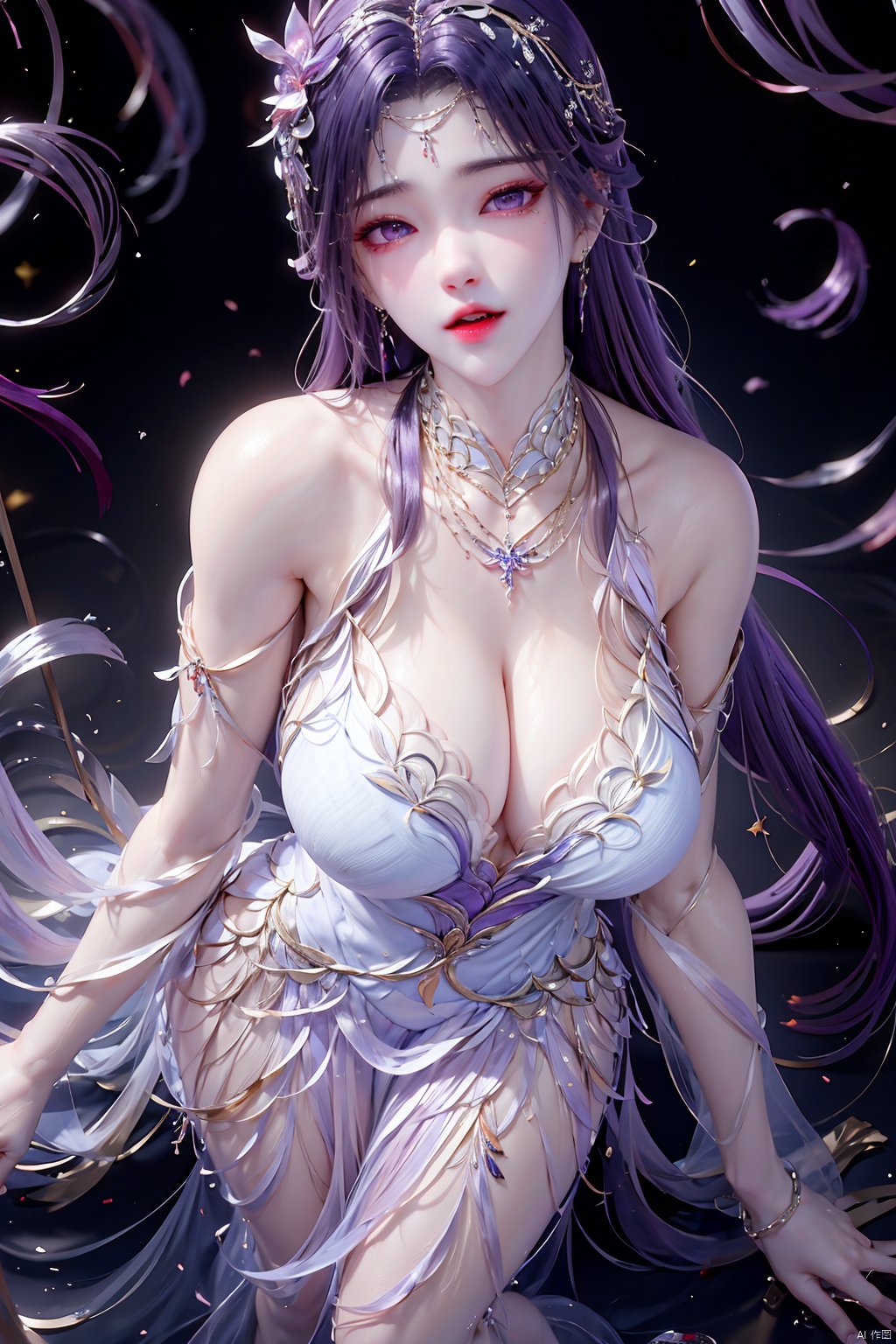 1girl,solo,long hair,breasts,looking at viewer,hair ornament,dress,cleavage,bare shoulders,jewelry,purple eyes,purple hair,barefoot,water,necklace,white dress,bare legs,ripples,, yunxi