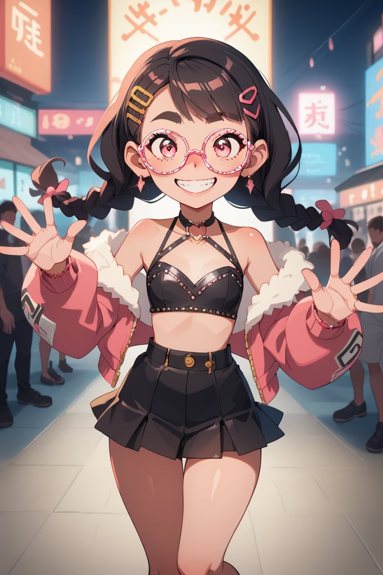 score_9, score_8_up, score_7_up, (1 japanese girl:1.2) ,(flat chest:0.7), black hair, petite, very cute, braids, reward smile, rating_explicit, thick eyebrows, thick round mounted glasses, large braided ponytails, big eyes, short stack, beautiful hairstyle, splendid round sparkling pink eyes, (perfect eyes), joyful facial expression, small and delicate, rich details, delicate accessories, soft, (perfect anatomy), (perfect hands:1.4), (perfect fingers:1.4), accurate designed hands, beautiful illustration, (bold pose), dreamy illustration, wallpaper, ((depth of field)), delicate, pretty, beautiful sky, hair clips, accessories, lovely character, kawaii, (extremely delicate eyes:1.2), looking at viewer, pink cropped top, cute mini-skirt, bolero jacket, fur scarves, knee-high boot, fashion girl, (flashy gyaru:1.2), happy, showy, many accessories:1.2, colorful clothes:1.2, kogal:1.2, grin, gyaru party gal, glossy sparkling fabric:0.6, dynamic lighting, high-contrast, happy pose, from above,