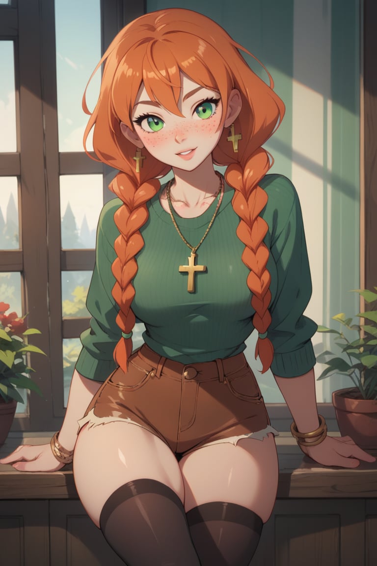 milfpeaches, score_9, score_8_up, score_8, wirish woman, natural red hair, braided twintails, braids, orange hair, green eyes, freckles, white skin, curvy, green sweater, long sleeves, long black boots, brown shirt, brown shorts, cross necklace hanging, (white skin), 1girl, solo, jewelry, bracelet, thighhighs, fellatrix style
BREAK
score_9, score_8_up, score_7_up, score_6_up, 
