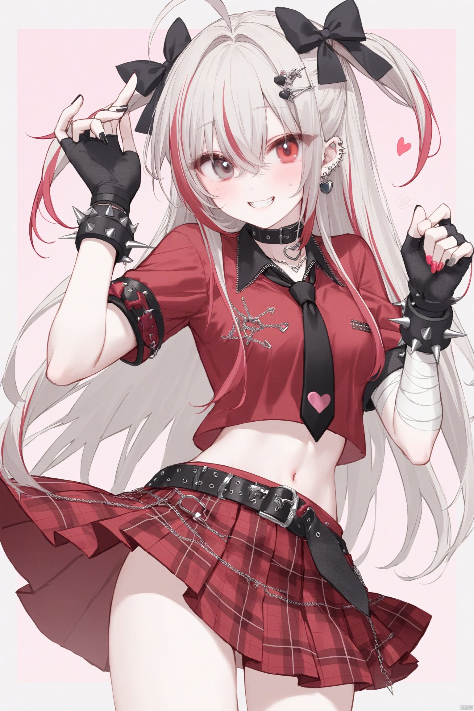  1girl, solo, long hair, breasts, looking at viewer, blush, smile, bangs, skirt, shirt, hair ornament, red eyes, gloves, bow, jewelry, very long hair, pink hair, ahoge, white hair, short sleeves, hair bow, grey hair, heart, multicolored hair, cowboy shot, pleated skirt, earrings, necktie, choker, black gloves, hairclip, midriff, belt, signature, miniskirt, fingerless gloves, pink eyes, nail polish, grin, arms up, collar, bracelet, streaked hair, crop top, grey eyes, plaid, hands up, black bow, red skirt, chain, heterochromia, black choker, plaid skirt, bandages, piercing, polka dot, red shirt, ear piercing, fishnets, black nails, black necktie, spikes, single glove, black belt, bandaged arm, heart hair ornament, black collar, spiked bracelet, multicolored nails, safety pin