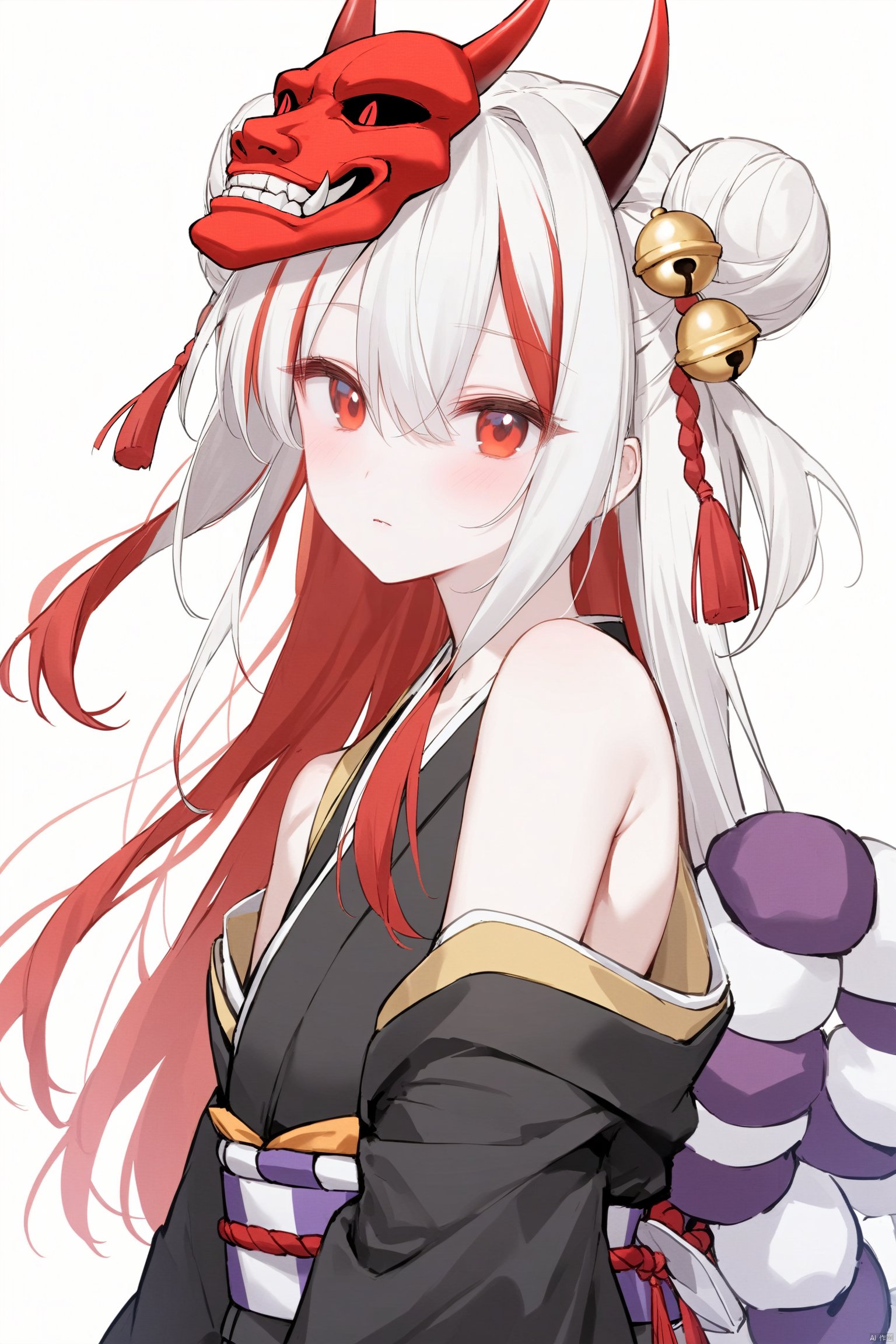  1girl, solo, long hair, looking at viewer, blush, bangs, simple background, hair ornament, red eyes, long sleeves, white background, bare shoulders, closed mouth, upper body, weapon, white hair, red hair, multicolored hair, japanese clothes, horns, wide sleeves, kimono, off shoulder, hair bun, streaked hair, bell, double bun, mask, tassel, rope, jingle bell, oni horns, oni, hair bell, mask on head, black kimono, shimenawa, oni mask, kouhaku nawa,