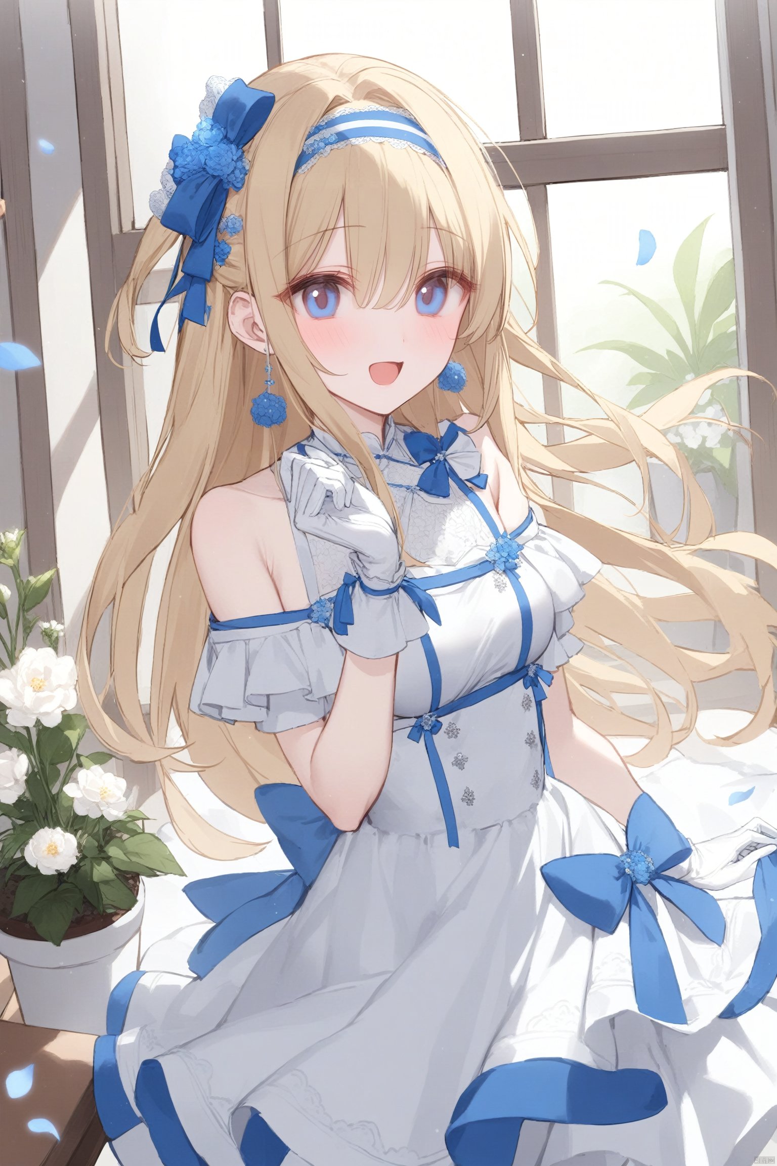  1girl, solo, long hair, breasts, looking at viewer, blush, smile, open mouth, bangs, blue eyes, blonde hair, hair ornament, dress, bow, bare shoulders, jewelry, standing, flower, hair bow, hairband, earrings, indoors, white dress, petals, window, blue bow, plant,（ white gloves）, potted plant, lamp