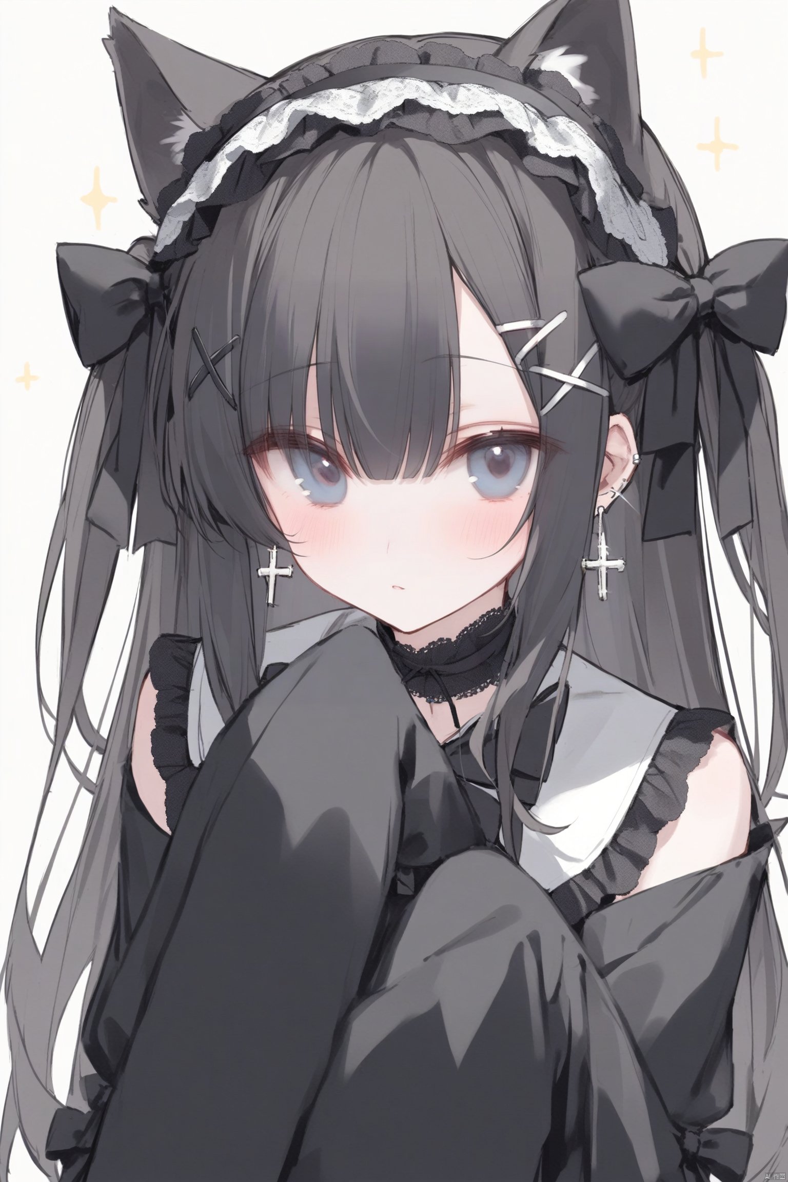  1girl, solo, long hair, looking at viewer, blush, bangs, blue eyes, simple background, hair ornament, long sleeves, white background, dress, bow, animal ears, jewelry, closed mouth, upper body, hair bow, hairband, earrings, hairclip, cat ears, black dress, sleeves past wrists, grey eyes, sparkle, black bow, cross, black hairband, x hair ornament, sleeves past fingers, lolita fashion, gothic lolita, cross earrings