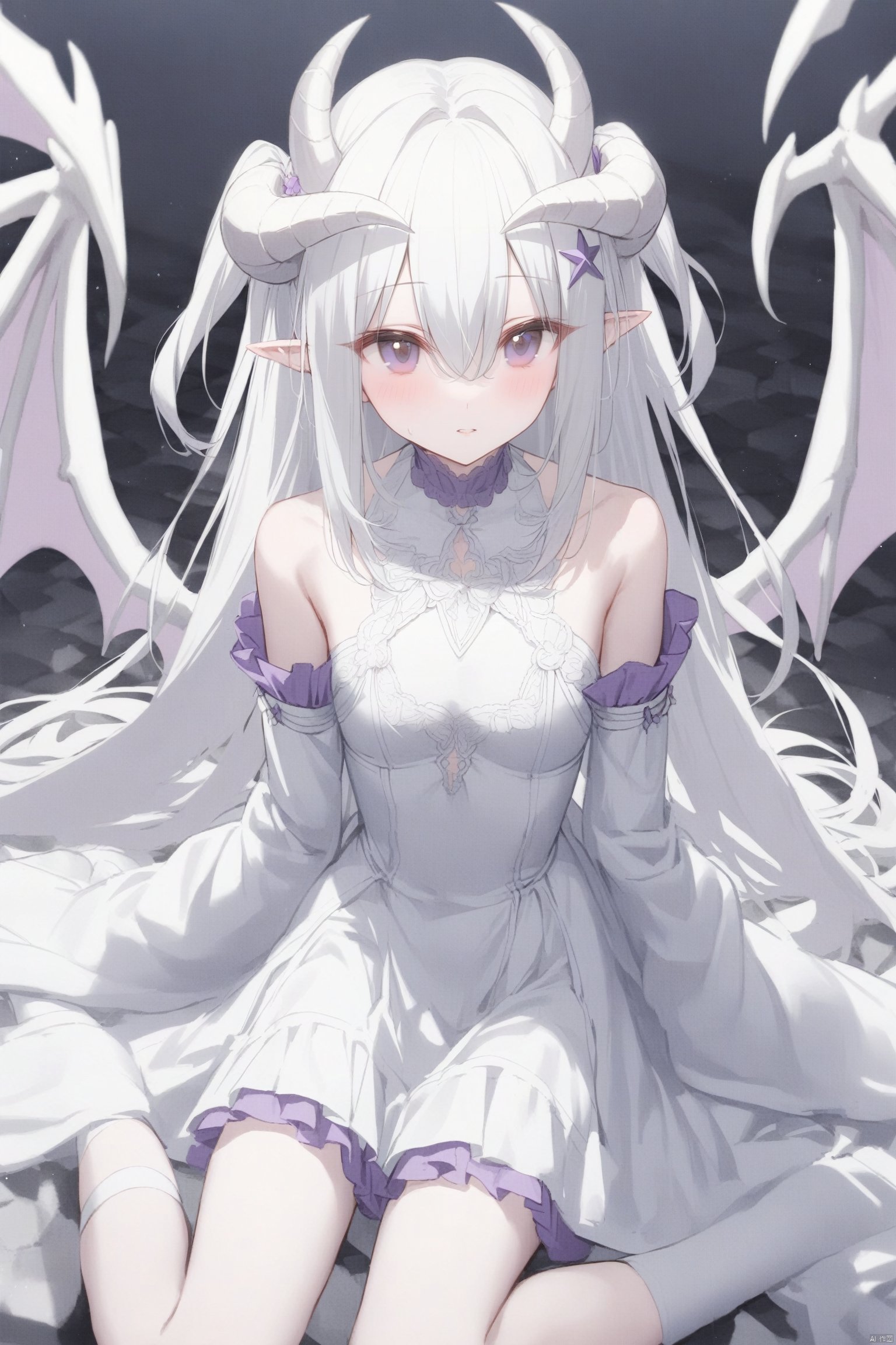  1girl, solo, long hair, looking at viewer, blush, bangs, hair ornament, long sleeves, dress, hair between eyes, bare shoulders, twintails, sitting, very long hair, closed mouth, purple eyes, white hair, detached sleeves, wings, horns, pointy ears, wide sleeves, white dress, sleeves past wrists, watermark, stairs, duel monster, dragon wings