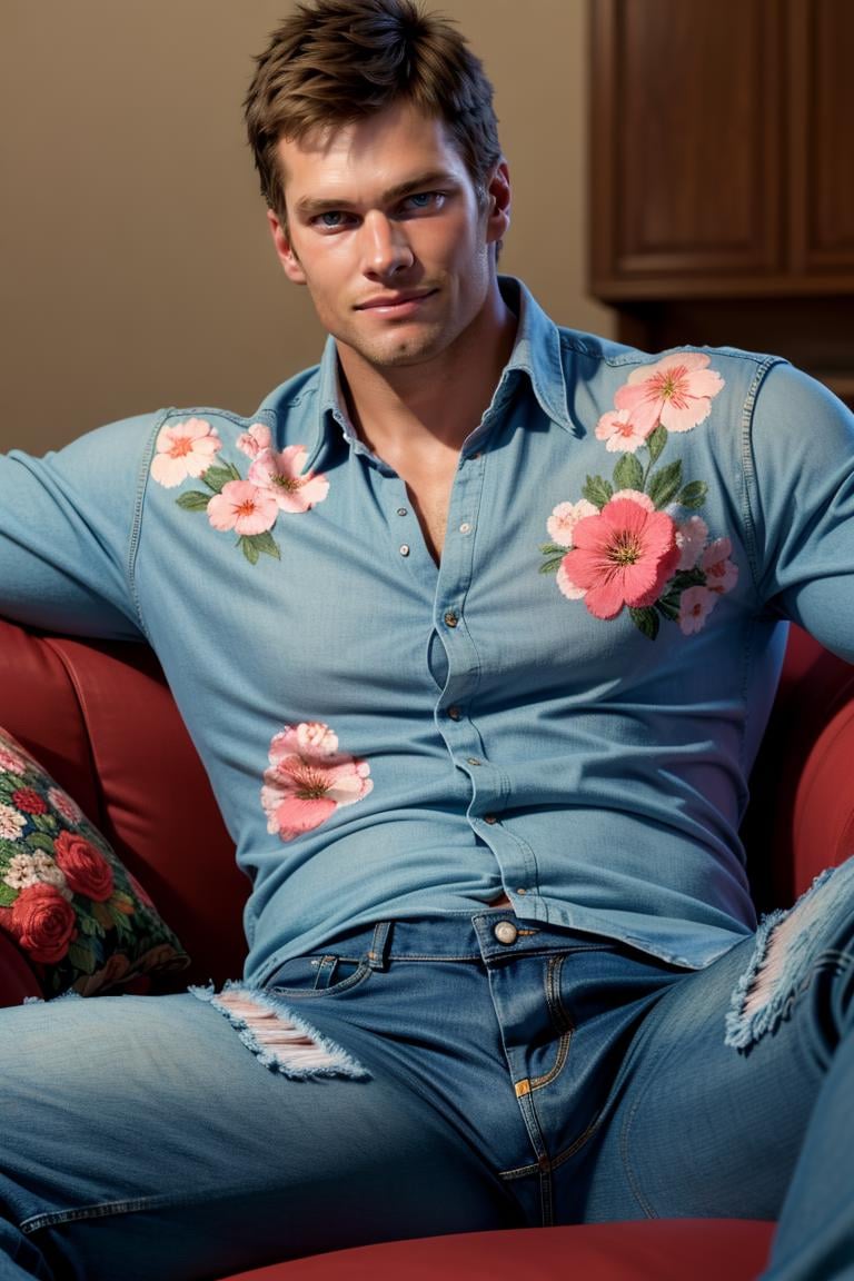 (masterpiece,  best quality:1.2),  man, solo,  1boy,  ,  (depth of field:1.1),  photo of man,  smirk,  floral shirt,  denim jeans, ,  sitting on couch,  spread legs,  symmetrical body,  ,  , cowboy shot,  ,  masterpiece,  highness,  perfect face,  perfect picture,  detailed eyes,  sharp focus, High detailed view, photorealistic,<lora:EMS-75454-EMS:0.800000>,<lora:EMS-302033-EMS:1.000000>