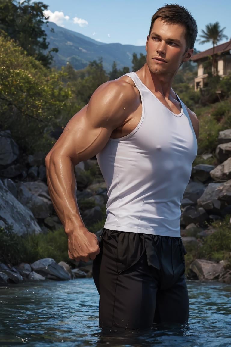 (masterpiece,  best quality:1.2),  man,  solo,  1boy,  smirk,  short hair,  mature male,  medium shot,  ((bara,  muscular,  sleeveless shirt)),  waterfall,  hands behind head,  inside river,  wet skin,  pants,  park (depth of field:1.1),  ,  photo of,  standing,  view from below,  sweaty skin,  masterpiece,  highness,  perfect face,  perfect picture,  detailed eyes,  sharp focus,  detailed view,  , Highly detailed,<lora:EMS-302033-EMS:1.000000>