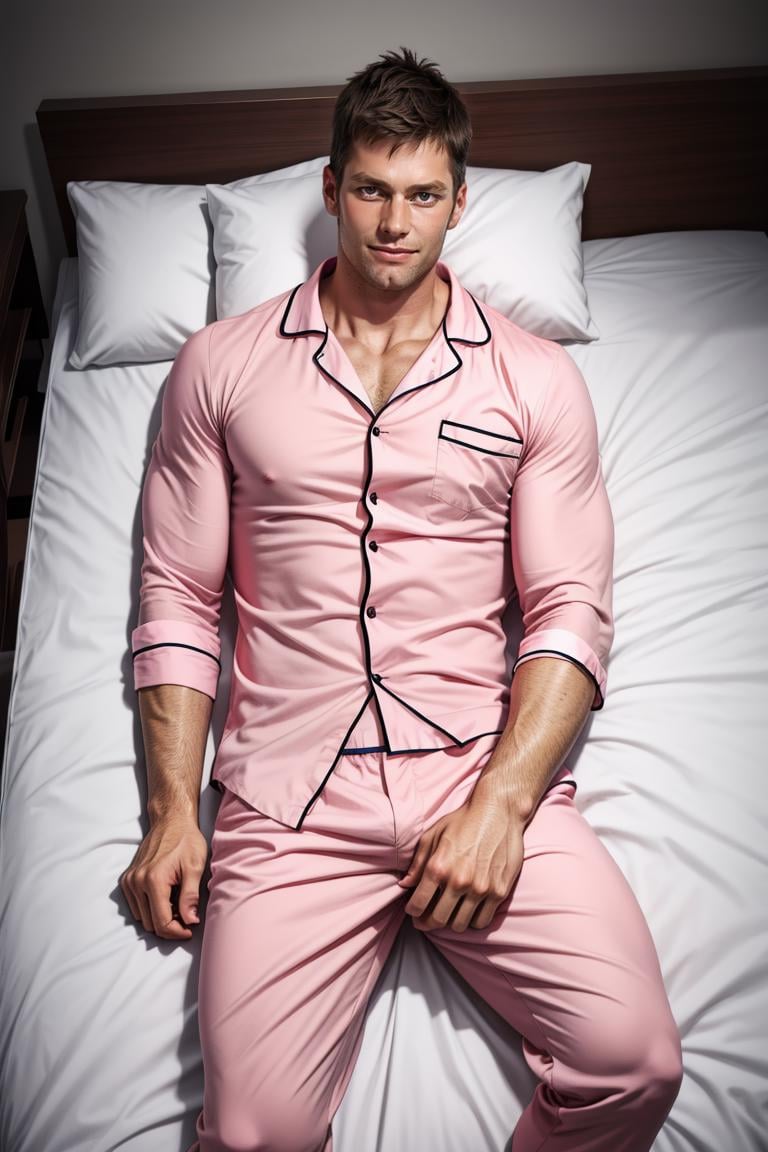 (masterpiece,  best quality:1.2),  man,  solo,  1boy,  smirk,  (depth of field:1.1),  photo of person,  pajamas shirt,  mature male,  40yo,  pajamas pants,  messy hair,  lying on bed,  view from above,  sweaty skin, view from above, bedroom,  sheets,  romantic mood,  masterpiece,  highness,  perfect face,  perfect picture,  detailed eyes,  sharp focus, High detailed view,<lora:EMS-302033-EMS:1.000000>