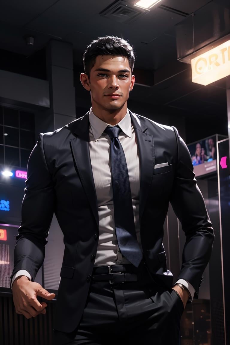 photo of person, man, smirk, (muscular), parking lot, dress shirt, pants, suit, work clothes, looking to viewer, night club, party, cinematic lighting, detailed face, detailed eyes, masterpiece, high_res, perfect face,<lora:EMS-289592-EMS:1.000000>