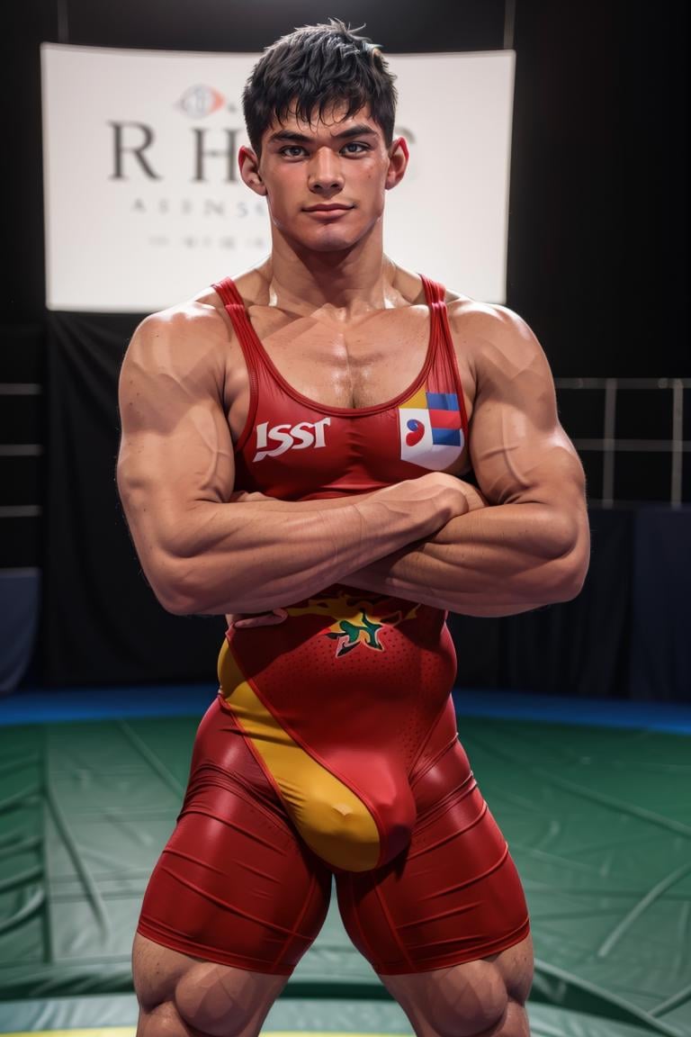 (masterpiece, best quality:1.2), man, smirk, (depth of field:1.1), photo of person, dressed as wrestler, slim muscular, wrestling singlet, crossed arms, view from above, (((medium shot))), arena, masterpiece, highness, perfect face, perfect picture, detailed eyes, sharp focus,High detailed view,<lora:EMS-289592-EMS:0.950000>