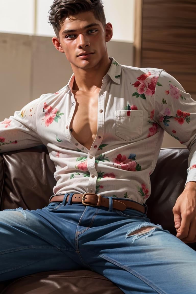 (masterpiece, best quality:1.2), man,solo, 1boy, , (depth of field:1.1), photo of man, buttoned short, floral shirt, denim jeans,, sitting on couch, spread legs, symmetrical body, slim muscular,, ,cowboy shot, , masterpiece, highness, perfect face, perfect picture, detailed eyes, sharp focus,High detailed view,photorealistic,<lora:EMS-75454-EMS:0.800000>,<lora:EMS-289592-EMS:1.000000>