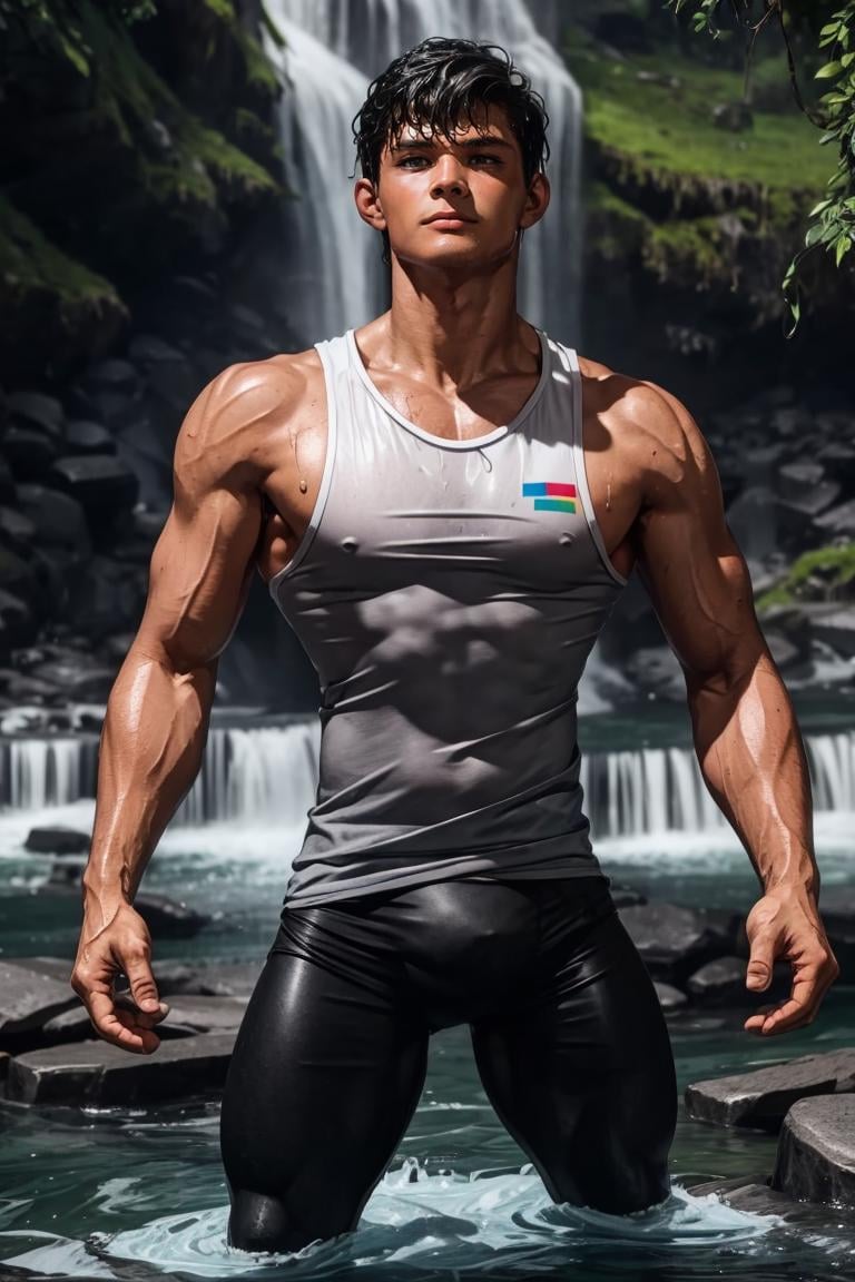 (masterpiece, best quality:1.2), man, solo, 1boy, smirk, medium shot, ((sleeveless shirt, leggings, medium shot, muscular, wet clothes)), waterfall, muscular:1.5, hands behind head, inside river, wet skin, pants, park (depth of field:1.1), , photo of, standing, view from below, sweaty skin, masterpiece, highness, perfect face, perfect picture, detailed eyes, sharp focus, detailed view, ,Highly detailed,<lora:EMS-289592-EMS:1.000000>