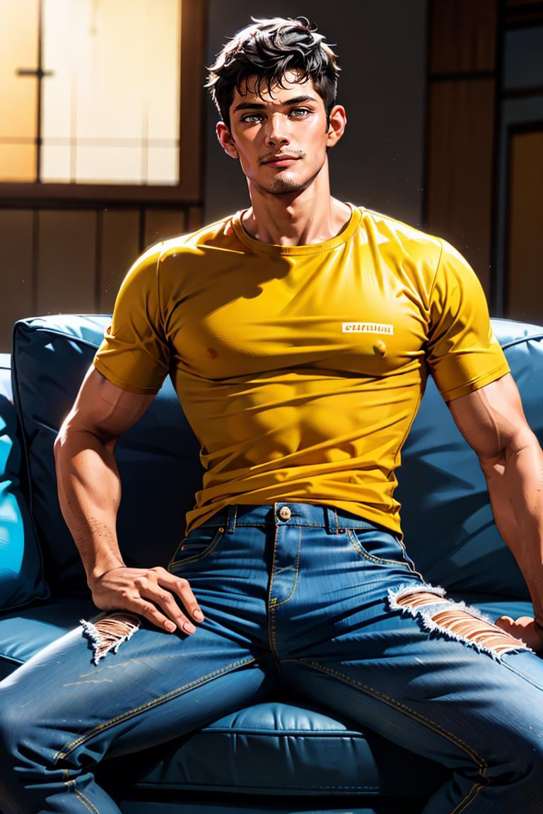 1guy, (yellow t-shirt), denim pants, ,serious, thick legs, spread legs, short guy, facial hair, sitting, smirk, at the couch, seducing, looking to viewer, natural lighting, detailed face, detailed eyes, masterpiece, high_res, perfect face, , High detailed, mattrh,<lora:EMS-289592-EMS:1.000000>