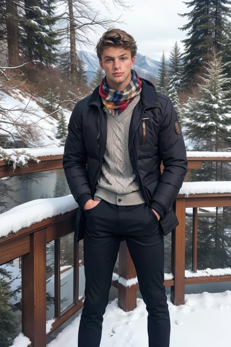 (masterpiece, best quality:1.2), photo of person, man, smirk, standing, thick legs, (depth of field:1.1), , photo of person, ((winter jacket, scarf, sweater, pants,)), hands on hips, cowboy shot, standing, winter, mountain, pinetrees, snowflakes, masterpiece, highness, perfect face, perfect picture, detailed eyes, sharp focus, ,High detailed view<lora:EMS-321927-EMS:1.000000>