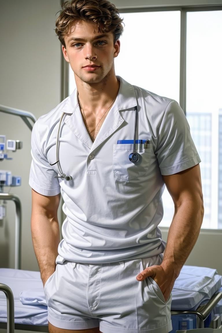 (masterpiece, best quality:1.2), man, facial hair, solo, 1boy, smirk, (depth of field:1.1), , photo of man, doctor, at the hospital, labcot, dress shirt, white shorts, masterpiece, perfect face, perfect picture, detailed eyes, sharp focus,High detailed view<lora:EMS-321927-EMS:1.000000>