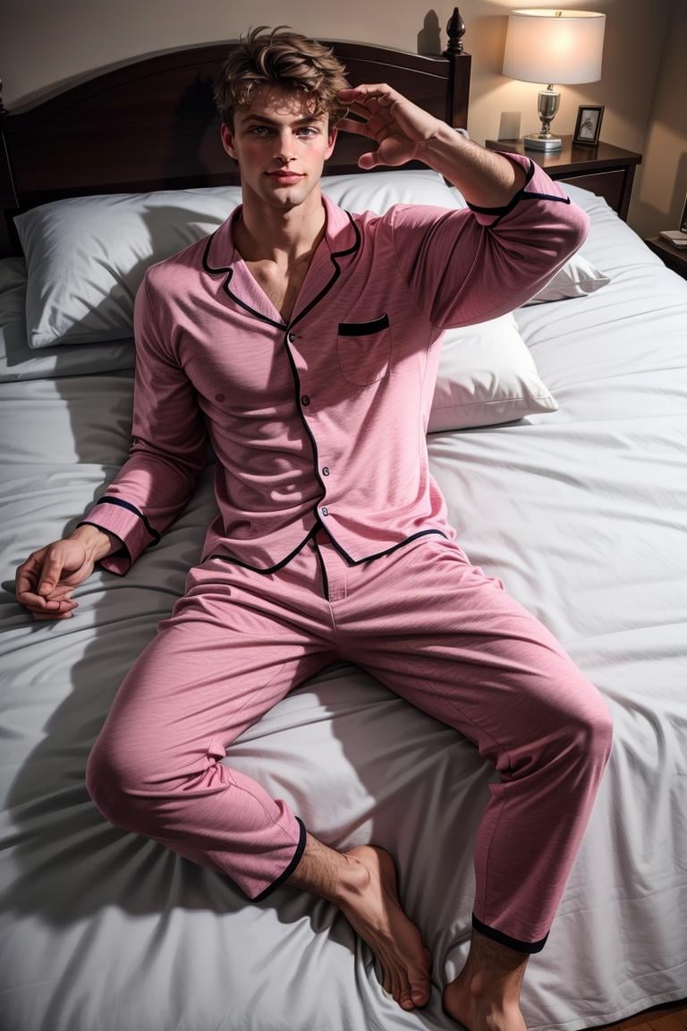 (masterpiece, best quality:1.2), man, solo, 1boy, smirk, (depth of field:1.1), photo of person, pajamas shirt, full body, pajamas pants, messy hair, lying on bed, view from above, sweaty skin,view from above,bedroom, sheets, romantic mood, masterpiece, highness, perfect face, perfect picture, detailed eyes, sharp focus,High detailed view,photo of ccu person<lora:EMS-321927-EMS:0.930000>