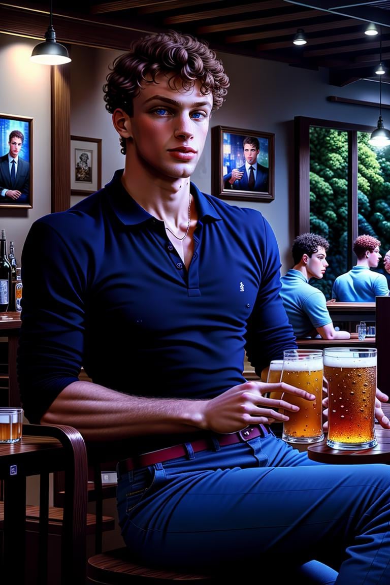 (masterpiece, best quality:1.2), man, (depth of field:1.1), photo of person, polo shirt, smirk:1.4, curly hair, pants, at the pub, holding a beer,,sitting, cowboy shot, masterpiece, highness, perfect face, perfect picture, detailed eyes, sharp focus,High detailed view<lora:EMS-3262-EMS:0.400000>, <lora:EMS-321927-EMS:1.000000>