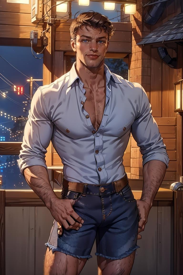 photo of person, man, smiling, ,((dress shirt)), denim shorts, looking to viewer, slim, hairy chest, smirk,, cinematic lighting, detailed face, detailed eyes, masterpiece, high_res, ((cowboy shot )), perfect face<lora:EMS-321927-EMS:1.000000>