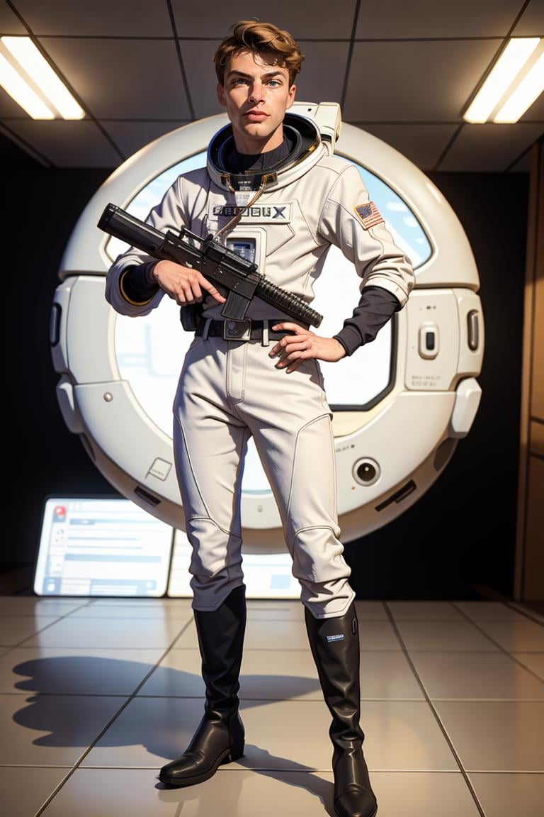 (masterpiece, best quality:1.2), photo of person, man, 1guy, solo, smirk, standing, (depth of field:1.1), , photo of person, ((spadex jumper, ,futuristic astronaut, boots, belt, )), hands on hips,holding gun, cowboy shot, standing, spaceship, masterpiece, highness, perfect face, perfect picture, detailed eyes, sharp focus, ,High detailed view,1guy<lora:EMS-321927-EMS:1.000000>