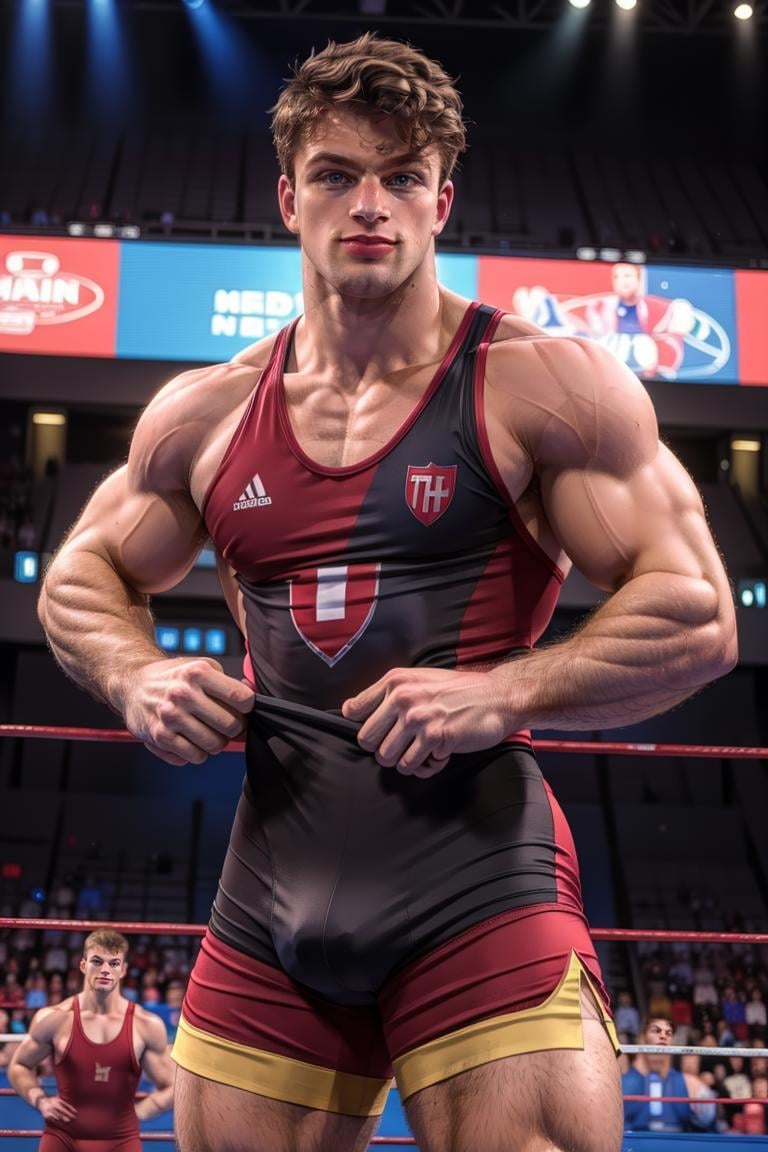 (masterpiece, best quality:1.2), man, smirk, (depth of field:1.1), photo of person, slim, dressed as wrestler, wrestling singlet, shorts, (((medium shot))), arena, masterpiece, highness, perfect face, perfect picture, detailed eyes, sharp focus,High detailed view<lora:EMS-321927-EMS:1.000000>