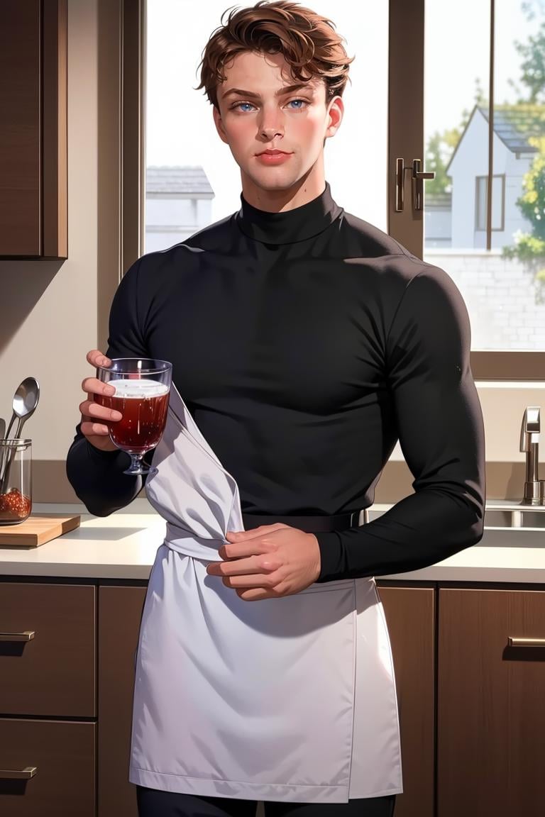 (masterpiece, best quality:1.2), man, smirk, (depth of field:1.1), photo of person, turtleneck shirt, ((apron)), bara, kitchen,((medium shot)), holding cup of water, masterpiece, highness, perfect face, perfect picture, detailed eyes, sharp focus,High detailed view<lora:EMS-321927-EMS:1.000000>