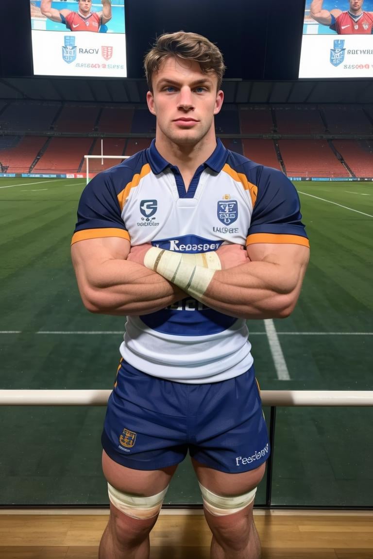 (masterpiece, best quality:1.2), serious, (depth of field:1.1), muscular, crossed arms, photo of person, man, ((rugby jersey, rugby shorts)), flexing, solo, 1boy, view from above, masterpiece, highness, perfect face, perfect picture, detailed eyes, sharp focus, arena, gym, mattrh<lora:EMS-321927-EMS:1.000000>