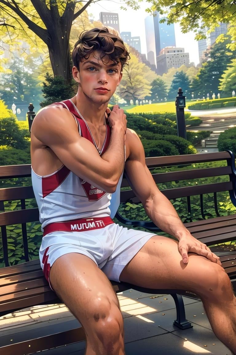 (masterpiece, best quality:1.2), man, solo, photo of person,, 1guy, muscular:1.2, wearing, singlets, smirk, sitting, outdoors, bench, trees, (depth of field:1.1)  at central park, masterpiece, perfect face, perfect picture, detailed eyes, sharp focus,Masterpiece<lora:EMS-321927-EMS:1.000000>