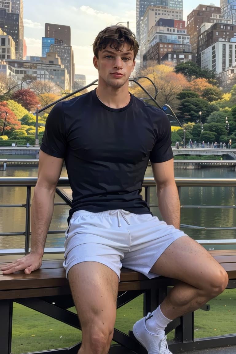 photo of person, man, smirk, city, sitting, Central park, t-shirt, shorts, (muscular, thick legs:0.6), socks, sneakers, looking to viewer, cinematic lighting, detailed face, detailed eyes, masterpiece, high_res, perfect face<lora:EMS-321927-EMS:1.000000>